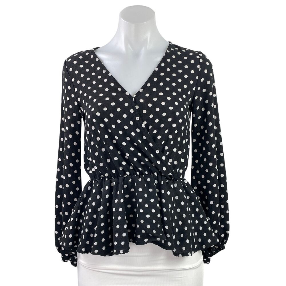 Mi Ami Women's Black White Polka Dots Long Sleeve V Neck Peplum Blouse Top XS